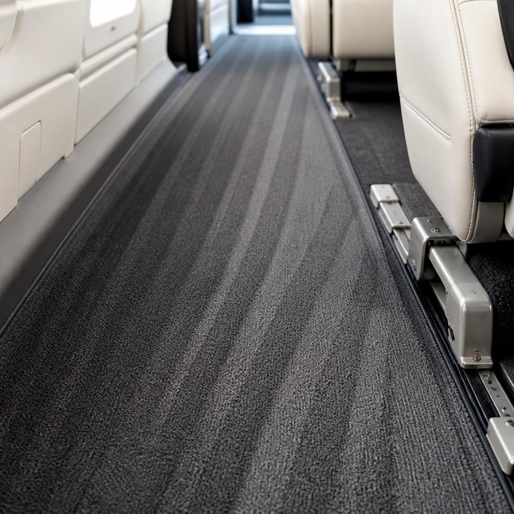 Close-up of aircraft aisle carpet showing fresh vacuum marks